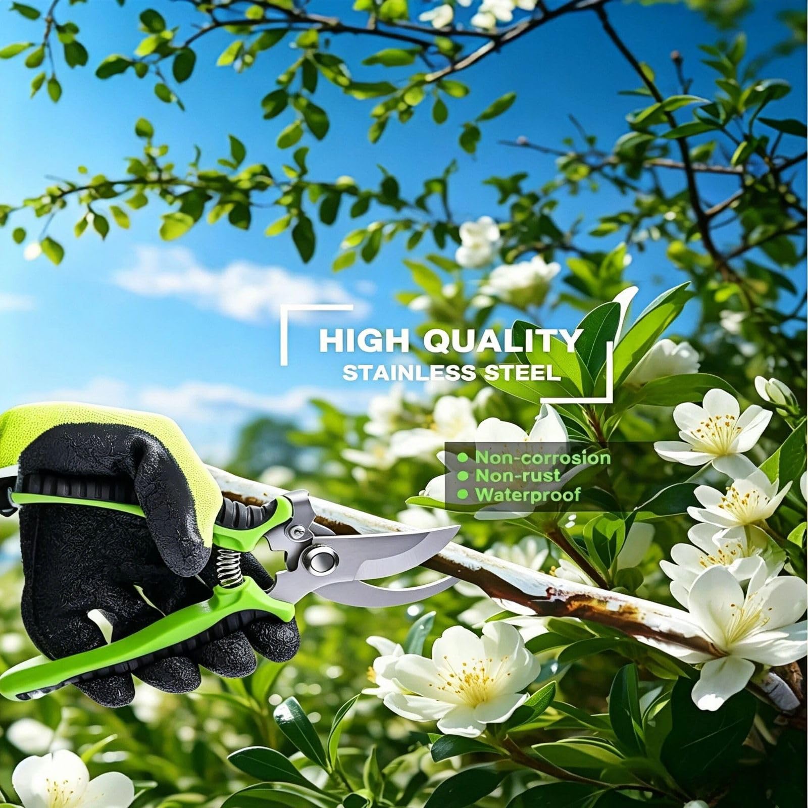 AudcaLight in garden scene with user trimming plants for easy upkeep