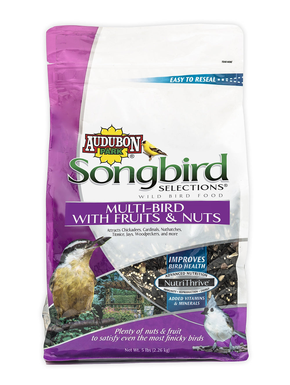 Audubon Park front packaging showing fruit and nut blend, attracts diverse songbirds