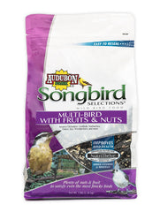 Audubon Park front packaging showing fruit and nut blend, attracts diverse songbirds