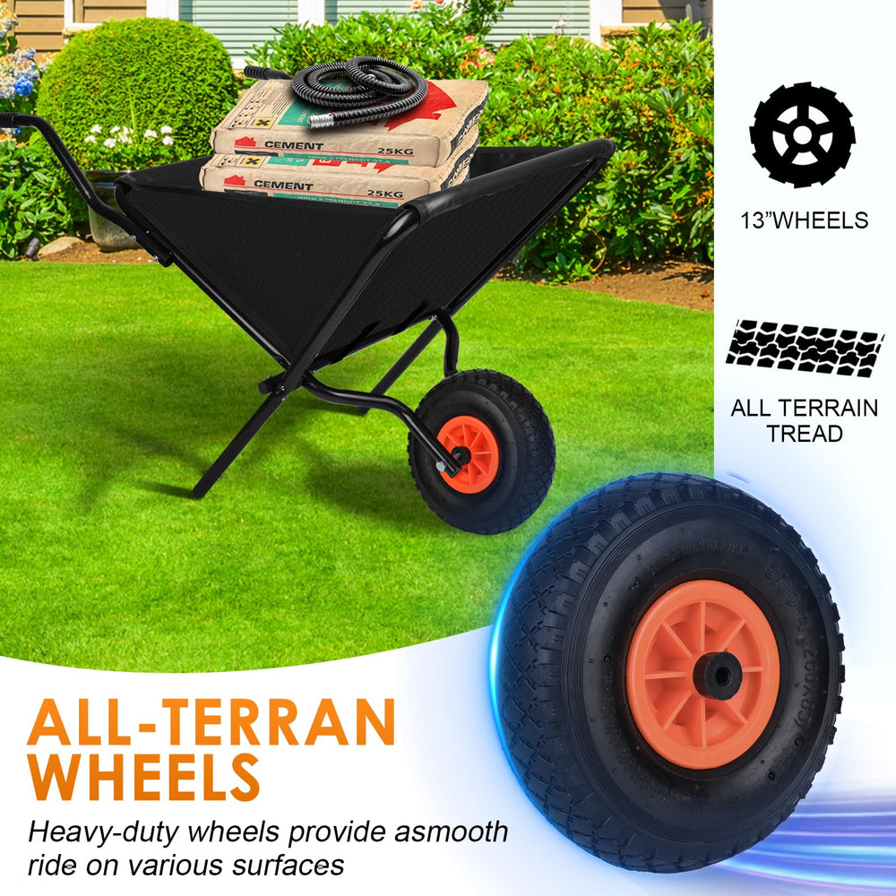AuFox folded wheelbarrow flattened for space-saving storage advantage