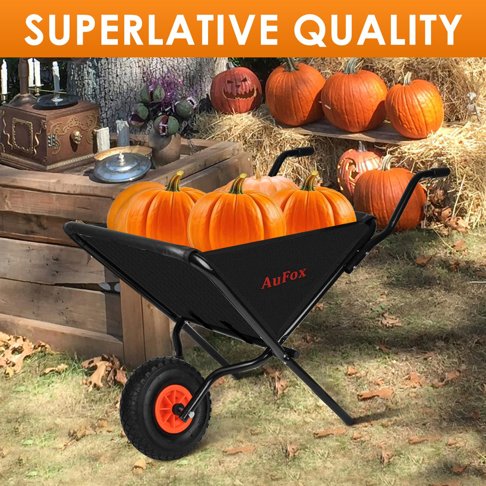 AuFox folded wheelbarrow stored in garage showing space-saving advantage