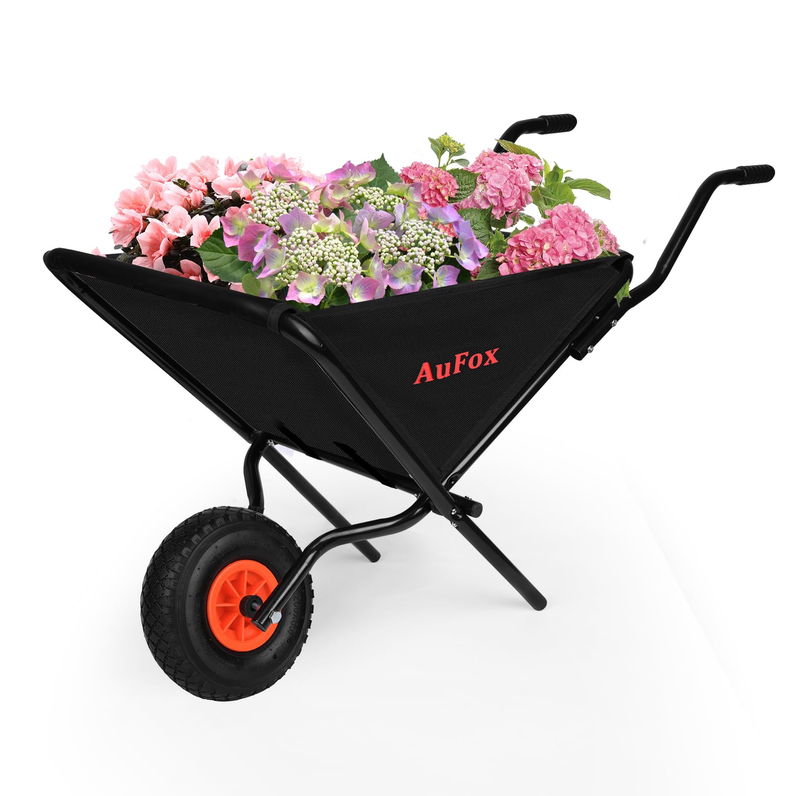 AuFox front view of folded wheelbarrow showing compact storage benefit