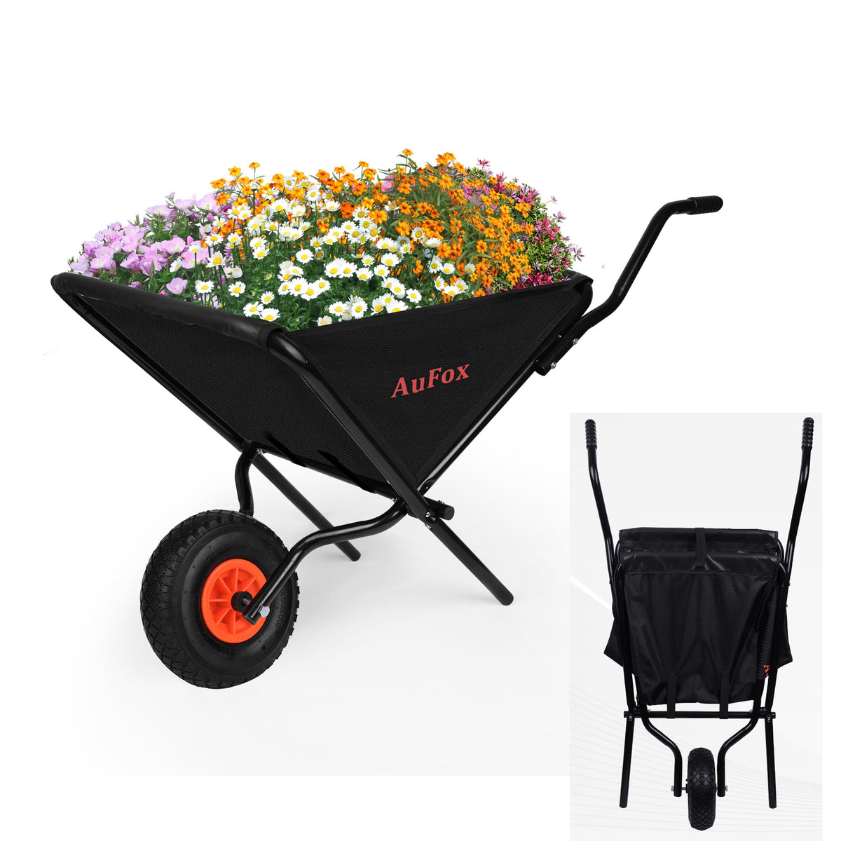 AuFox front view of folded wheelbarrow showing compact storage benefit