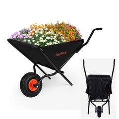 AuFox front view of folded wheelbarrow showing compact storage benefit