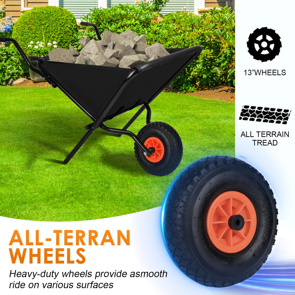 AuFox unfolded wheelbarrow in garden showing full-capacity usefulness