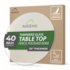 Augeno front view of 40-inch round glass top showing clear finish and sleek look