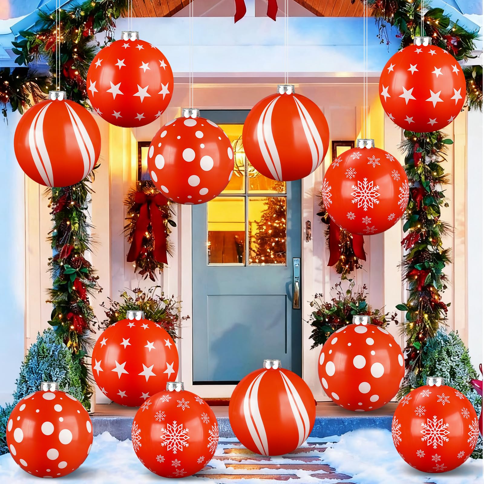 Augisteen front view of 12 inflatable balls showing festive red and white set benefit easy decorating