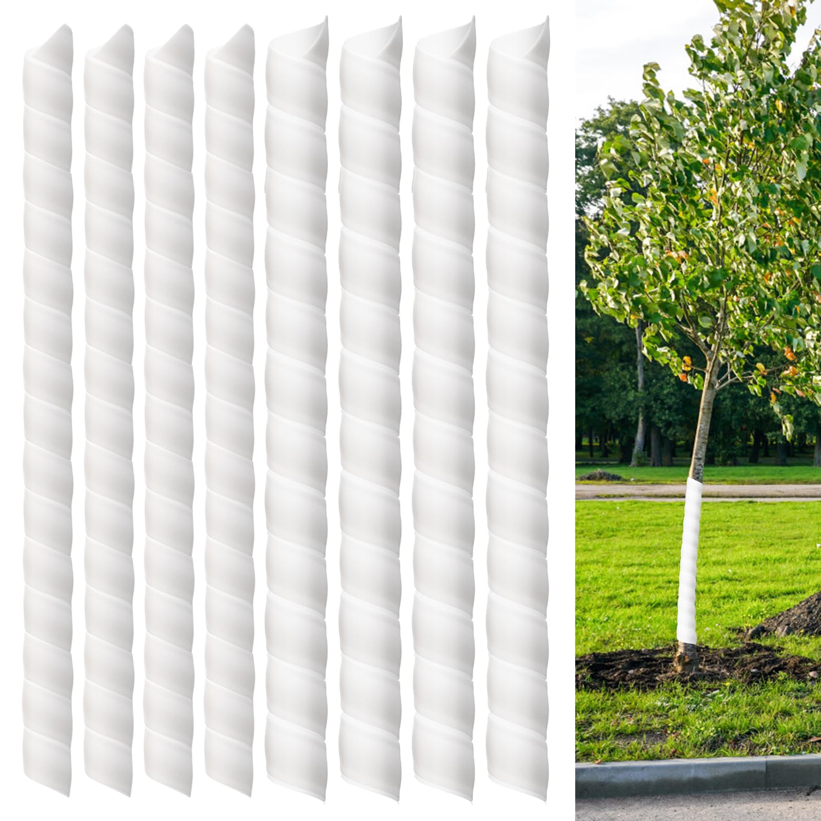 Aukney front packaging showing eight white spiral tree protectors and sizes