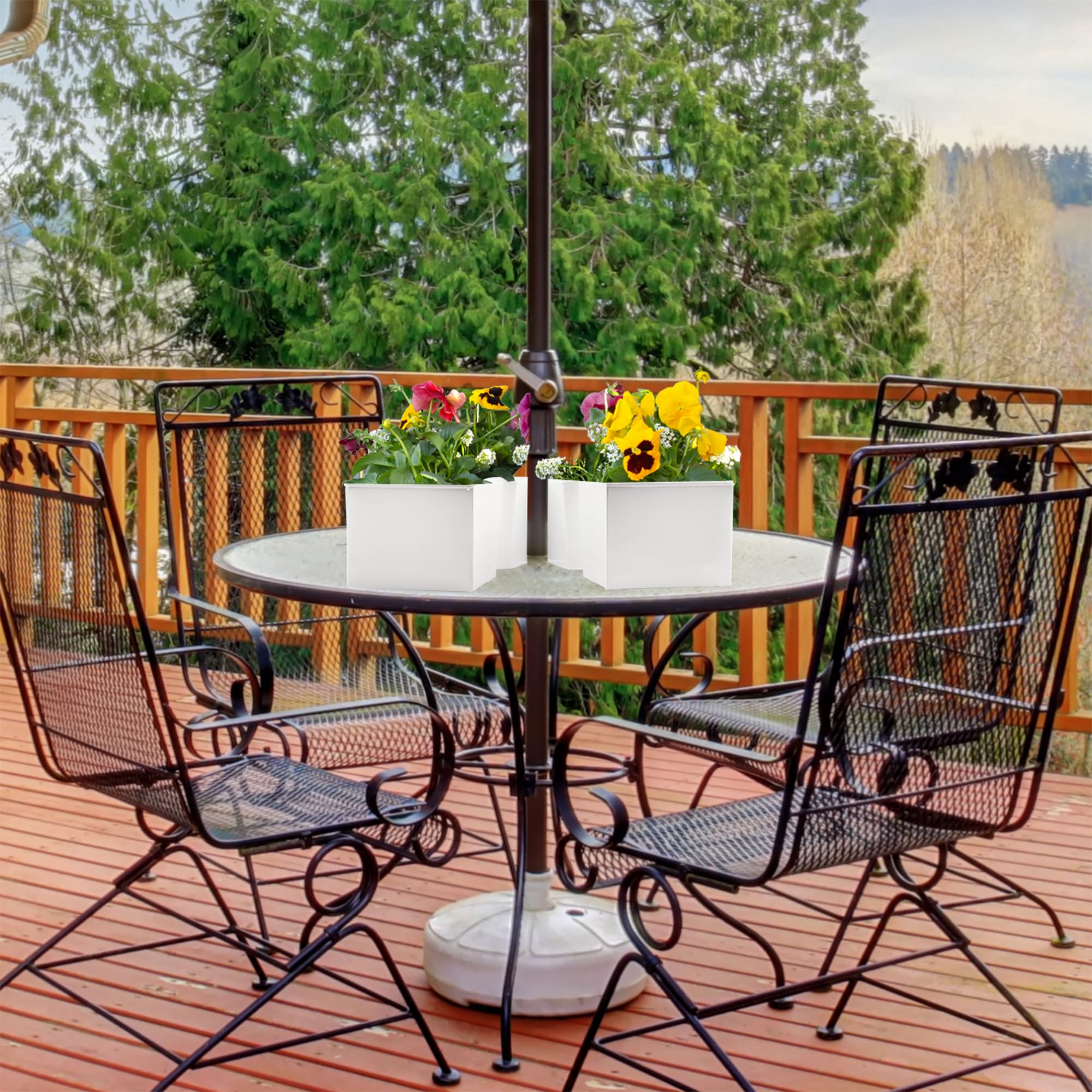 AuldHome Design planter set on patio table around umbrella pole for decorative planting