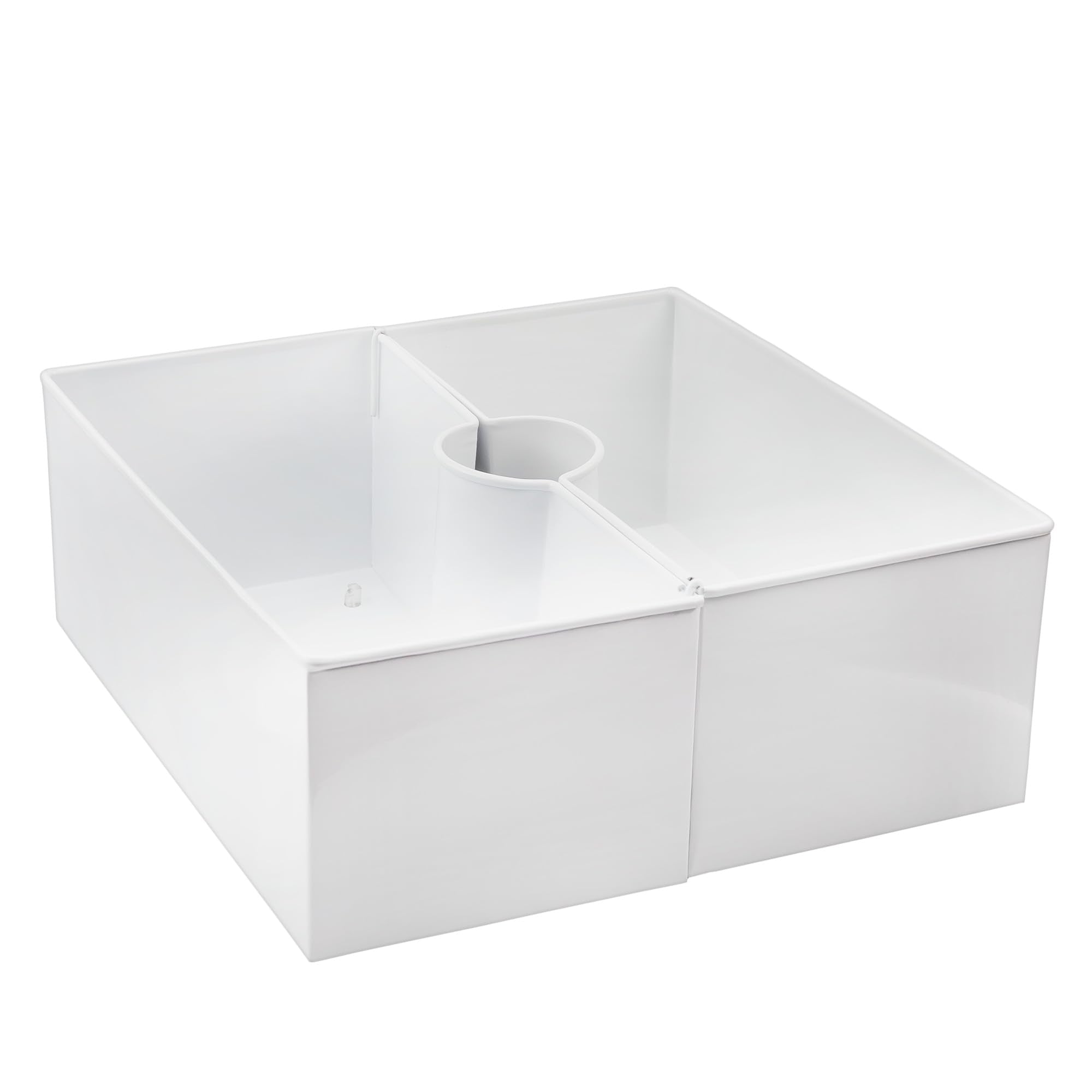 AuldHome Design front view of white enamel umbrella planter showing clean lines and fit