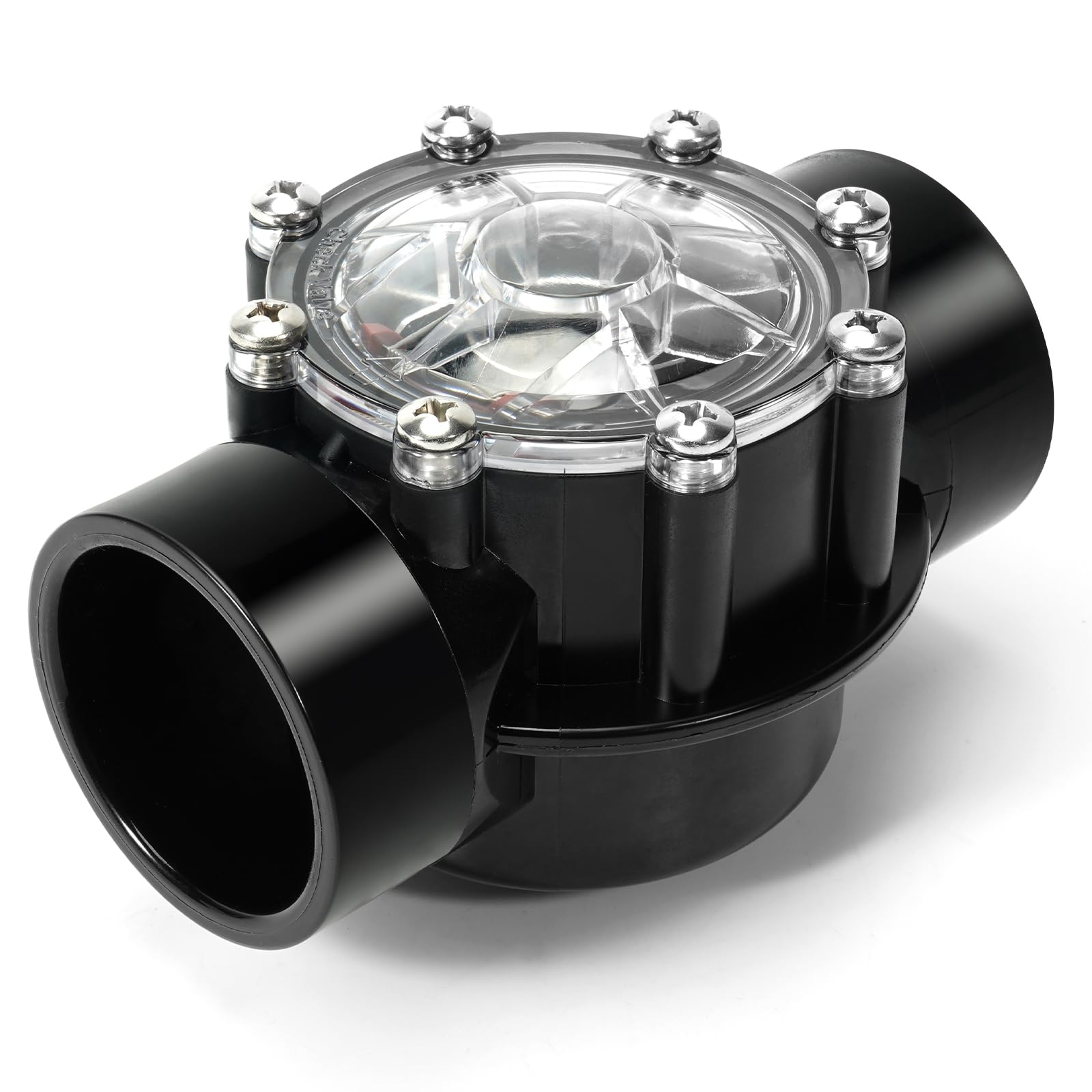 Aumzong check valve front view showing compact 180-degree PVC body and ports, durable fit