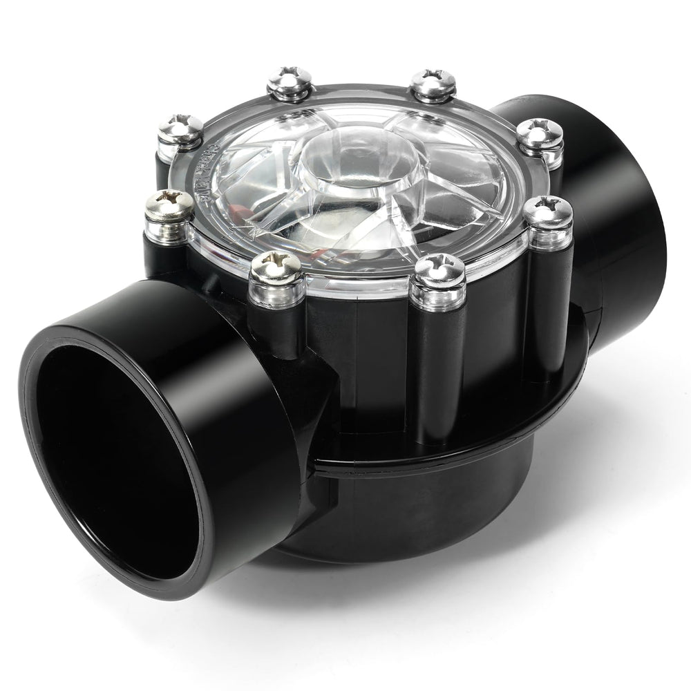 Aumzong check valve front view showing compact 180-degree PVC body and ports, durable fit
