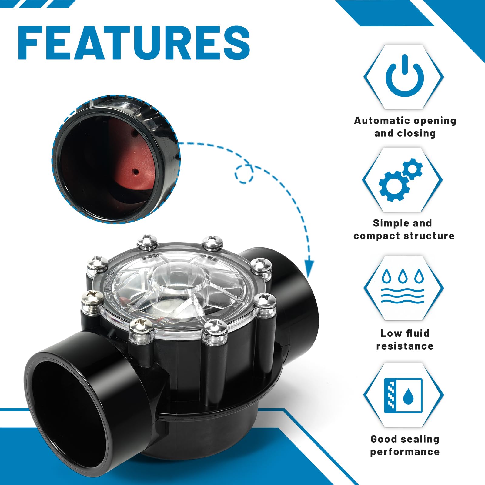 Aumzong check valve installed on a pool return line demonstrating easy replacement and correct flow direction
