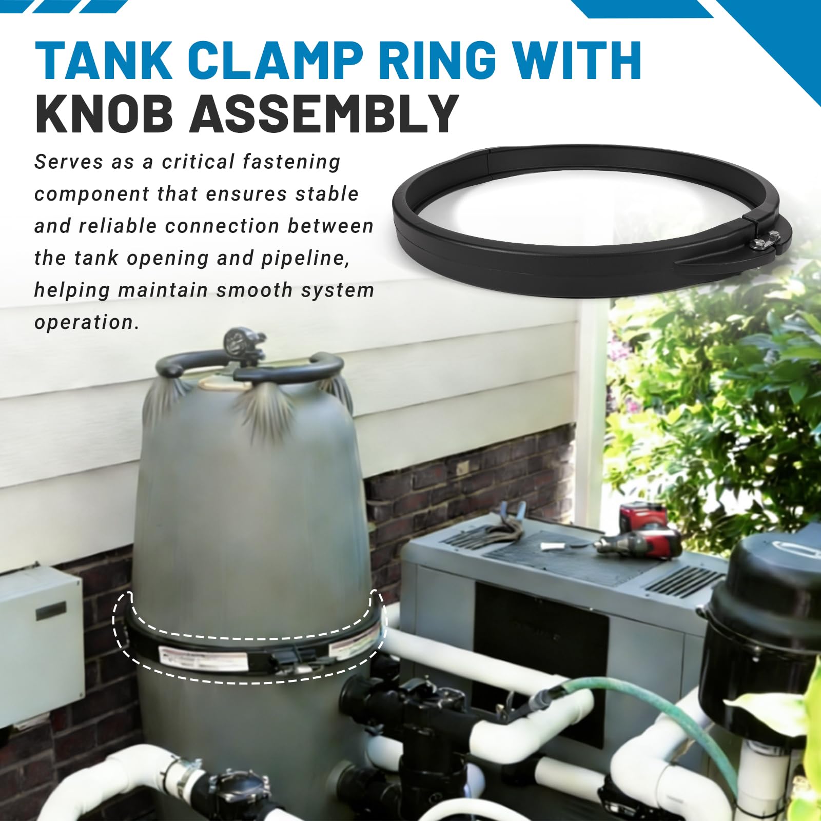 Aumzong clamp ring installed on a filter tank showing restored sealing benefit