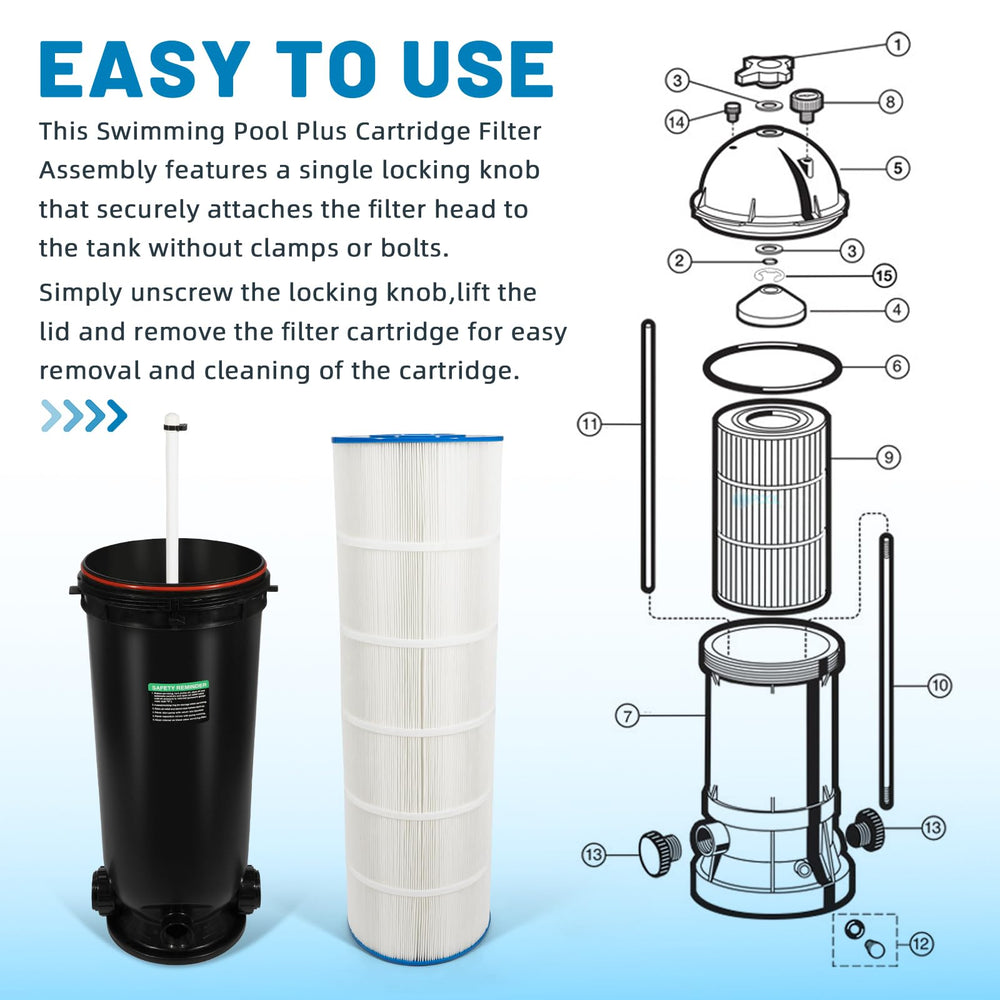 Aumzong cartridge pictured with clear pool to illustrate improved water clarity