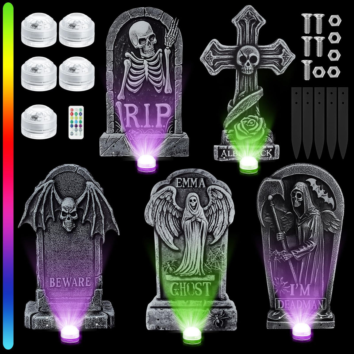 Aurelema front group view of five tombstones showing cohesive spooky curb appeal