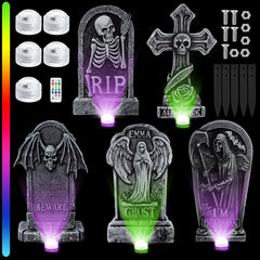Aurelema front group view of five tombstones showing cohesive spooky curb appeal