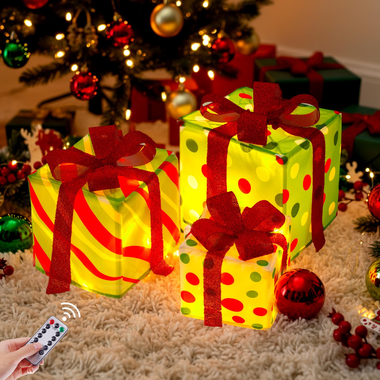 Aurelema front view of three lighted gift boxes showing festive glow and instant décor