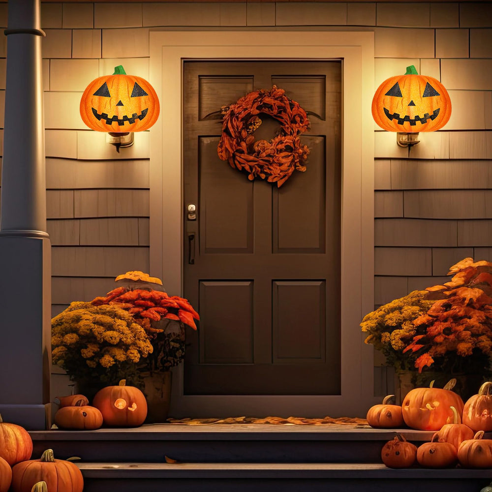 Aurelema pumpkin covers on a decorated doorway adding instant Halloween atmosphere