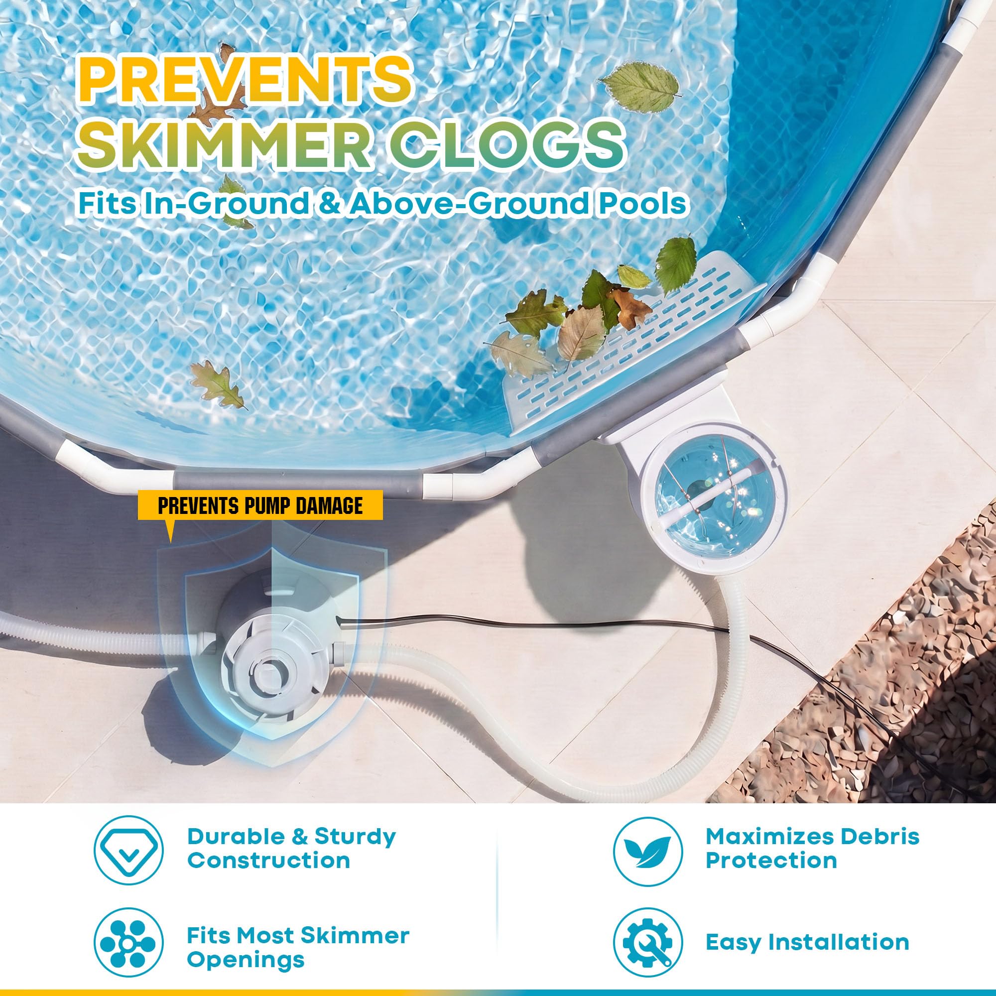 Aurelema installed on a pool skimmer reducing leaf entry and protecting pump