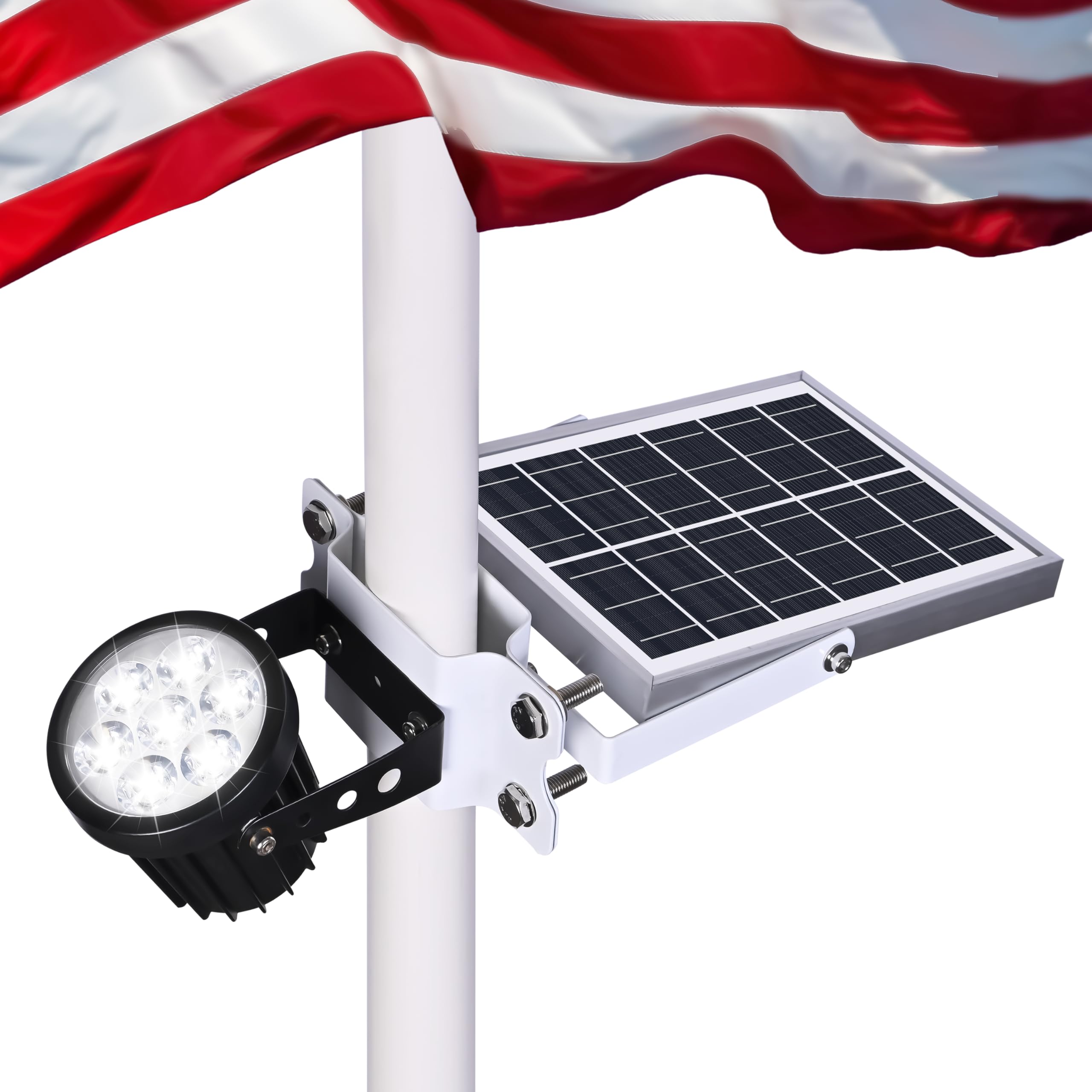 Aurolit front-mounted flagpole light showing full fixture and beam benefit