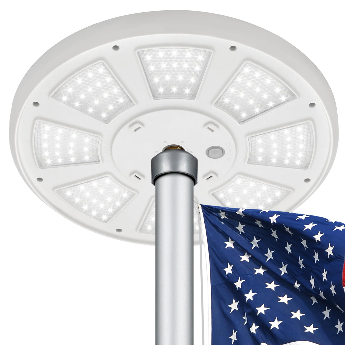 Aurolit front view of solar flagpole light showing full LED face and durable housing benefit bright uniform light