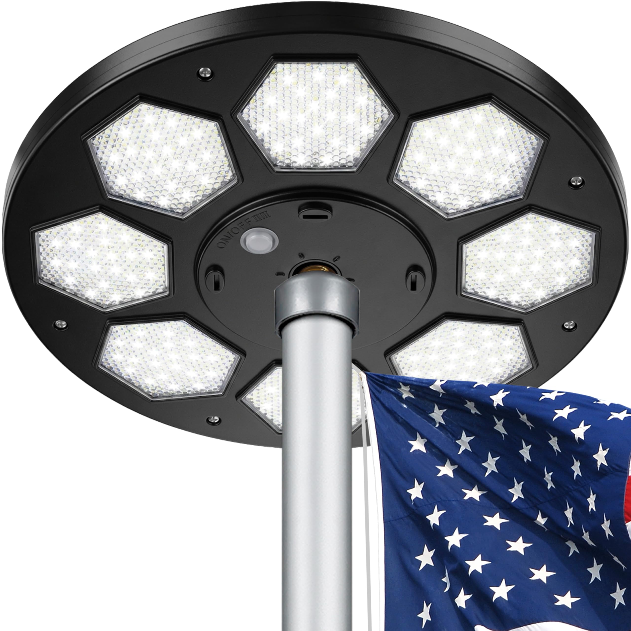 Aurolit front view of flag pole light showing sleek housing and full LED face for bright flag lighting