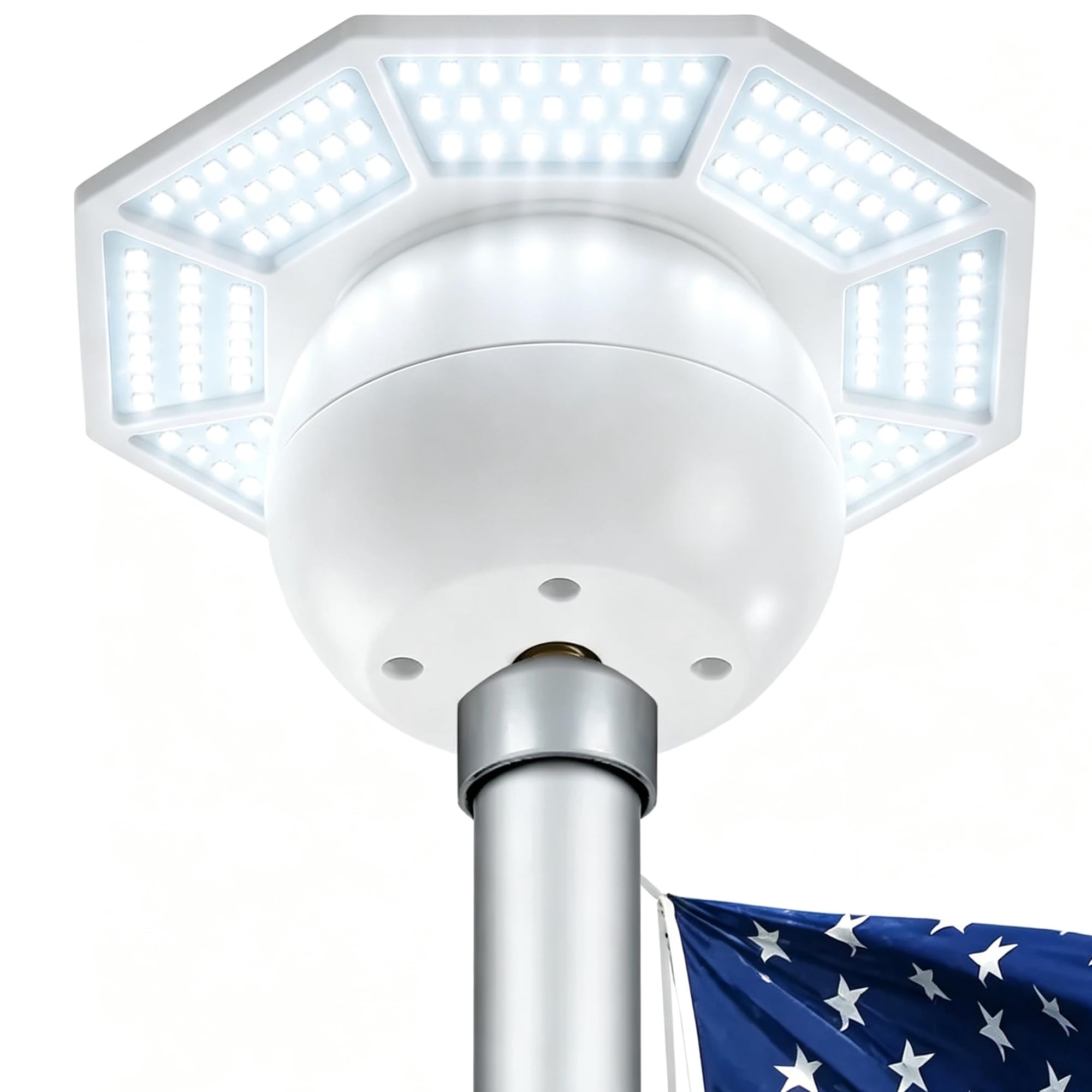 Aurolit front view of flag pole light showing compact topper and warm glow benefit