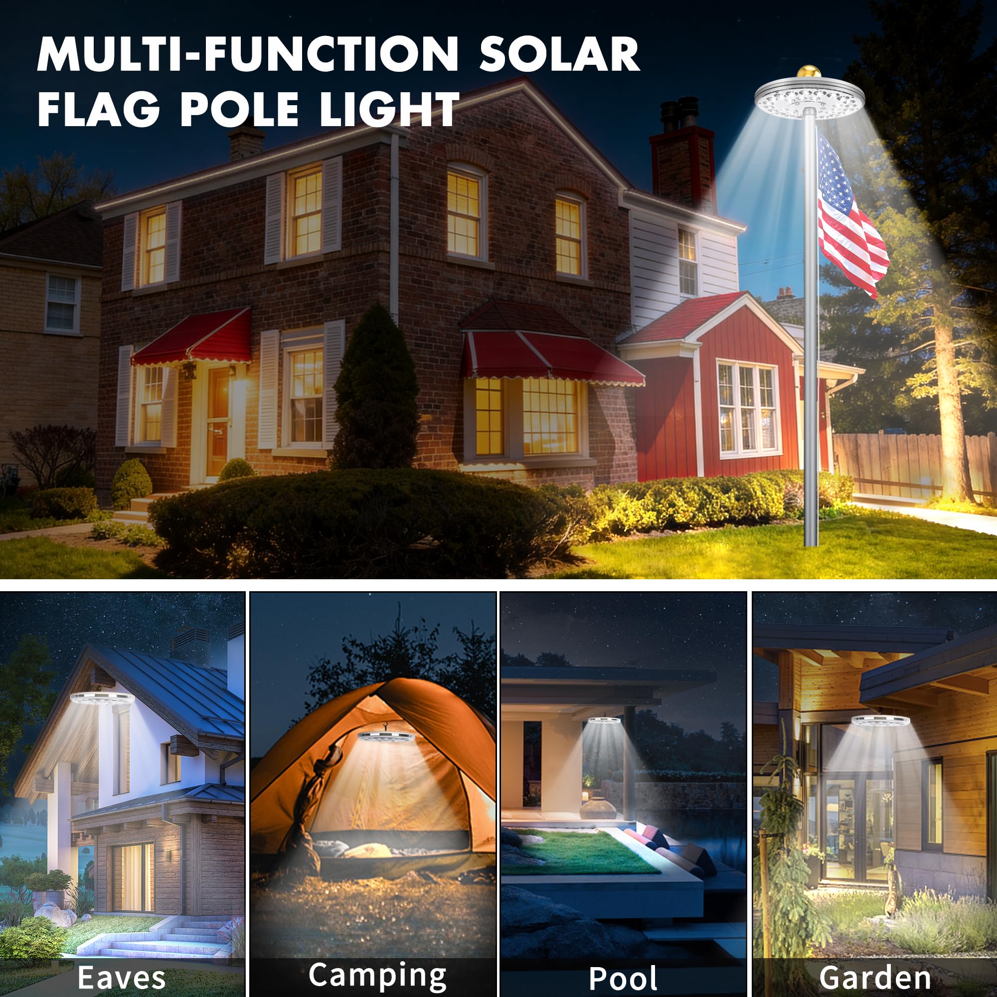 Aurolit nighttime scene highlighting flag and yard visibility for decorative benefit