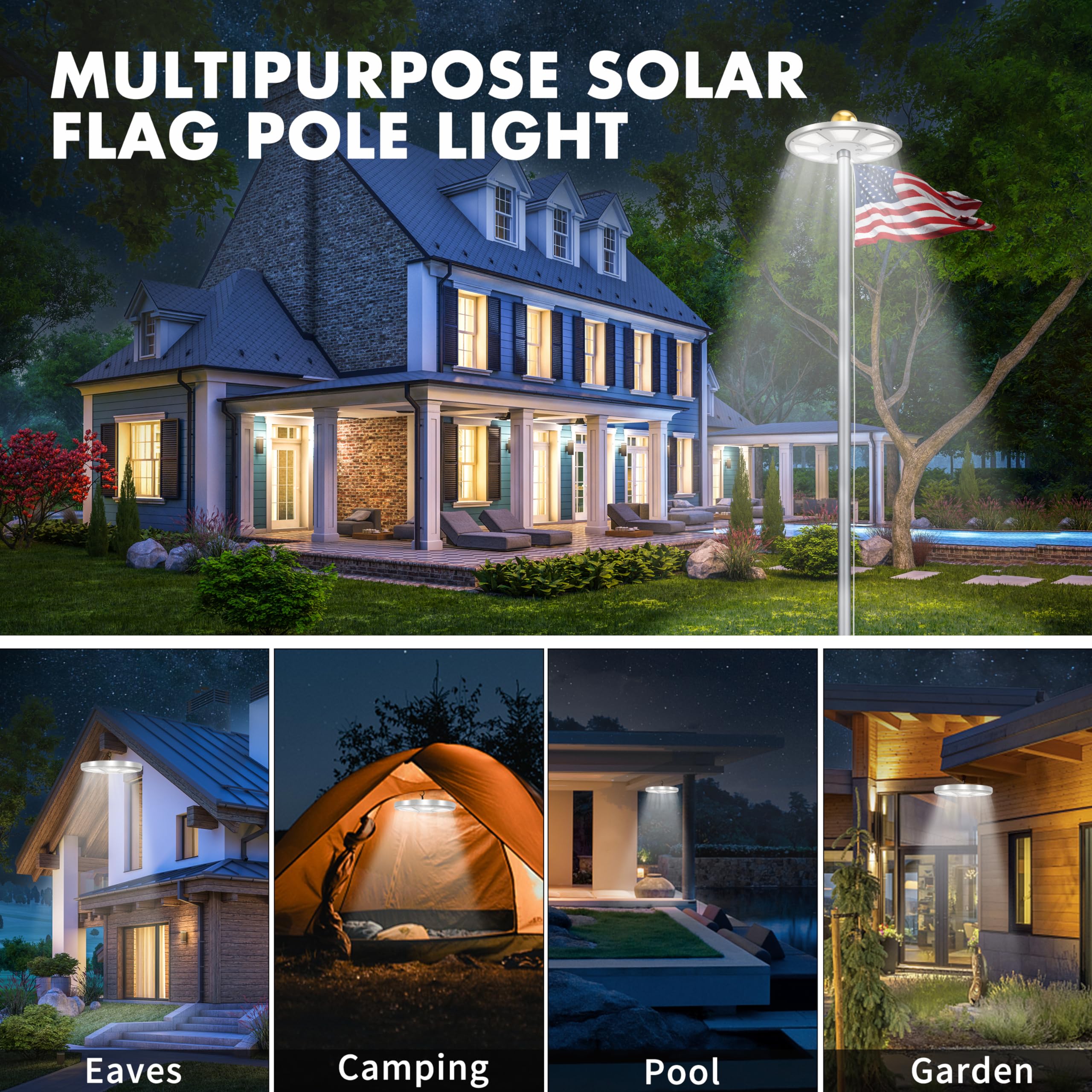 Aurolit illuminating an American flag at night showing 2500 lumen brightness for clear visibility benefit