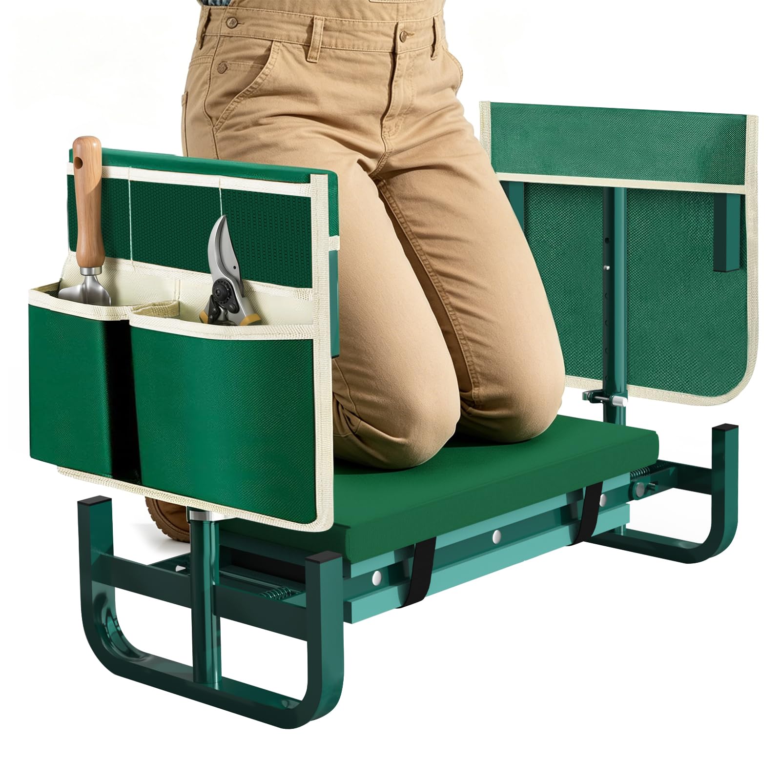 AUROPEAK front view of kneeler-seat showing reversible design and stability