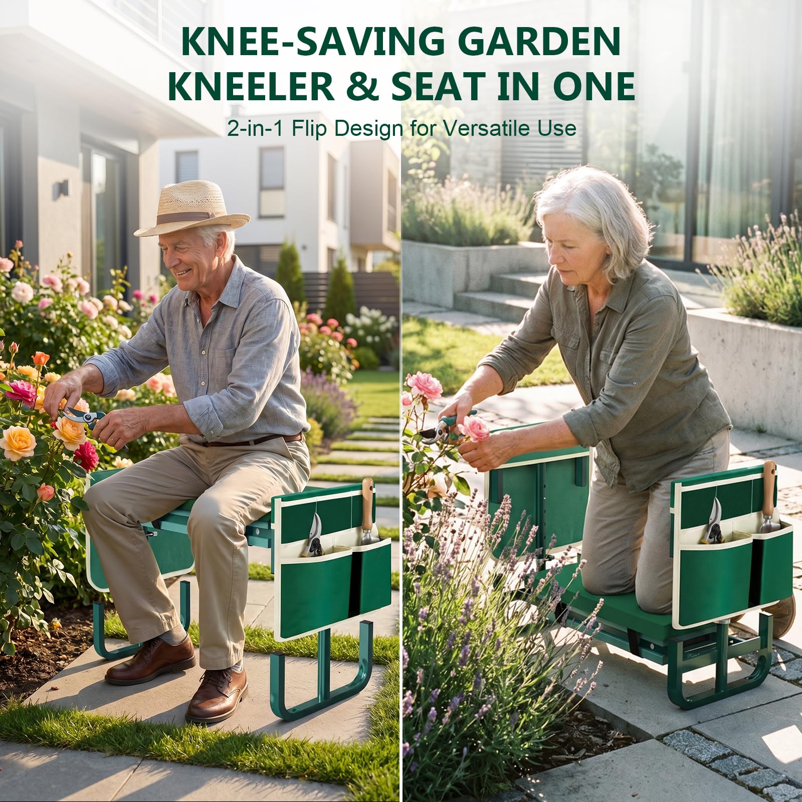 AUROPEAK gardener sitting on seat using it for pruning comfort