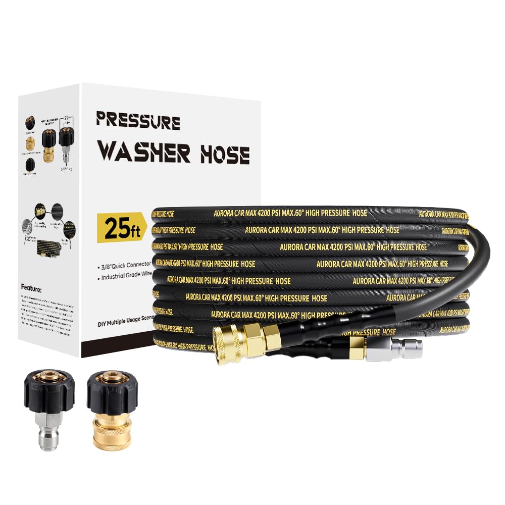 AURORA CAR front view of 25ft braided pressure washer hose showing durable build and length benefit