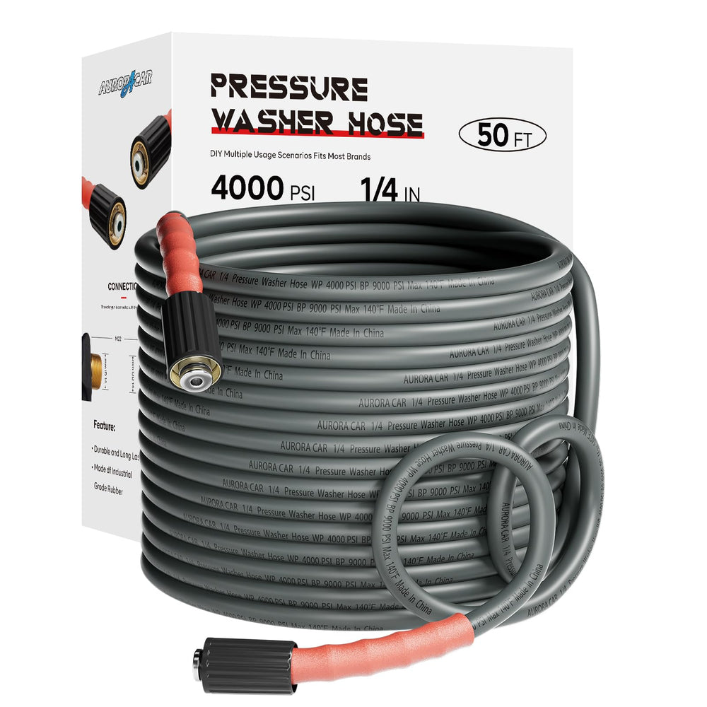 AURORA CAR front view of 50ft pressure washer hose showing compact packaging and portability