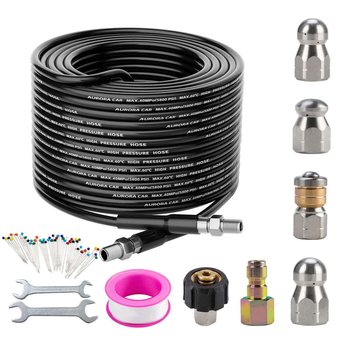 AURORA CAR sewer jetter kit front packaging showing included components and durability