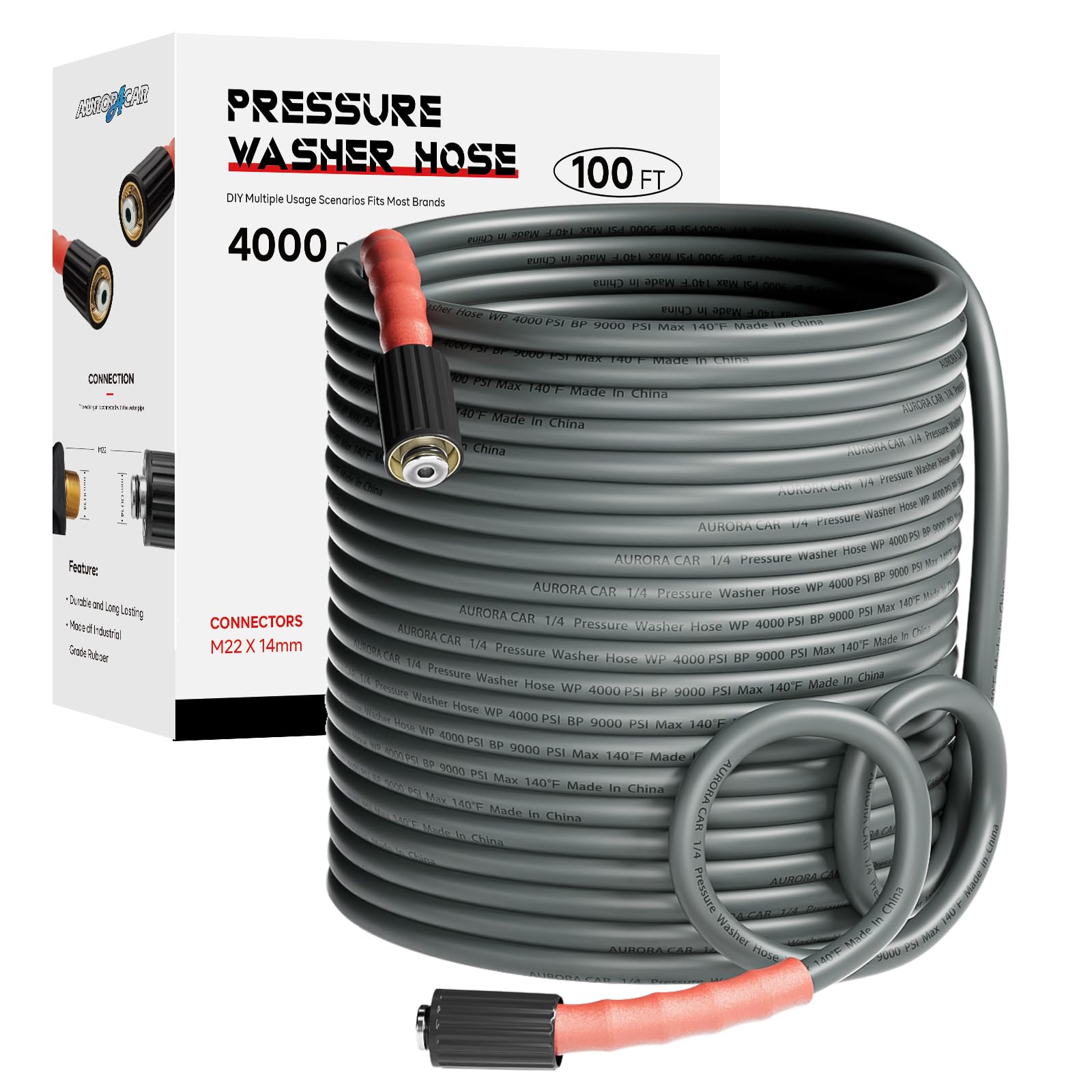 AURORA CAR front view of 100FT grey pressure washer hose showing length and labeling for quick identification