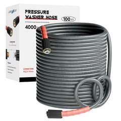 AURORA CAR front view of 100FT grey pressure washer hose showing length and labeling for quick identification