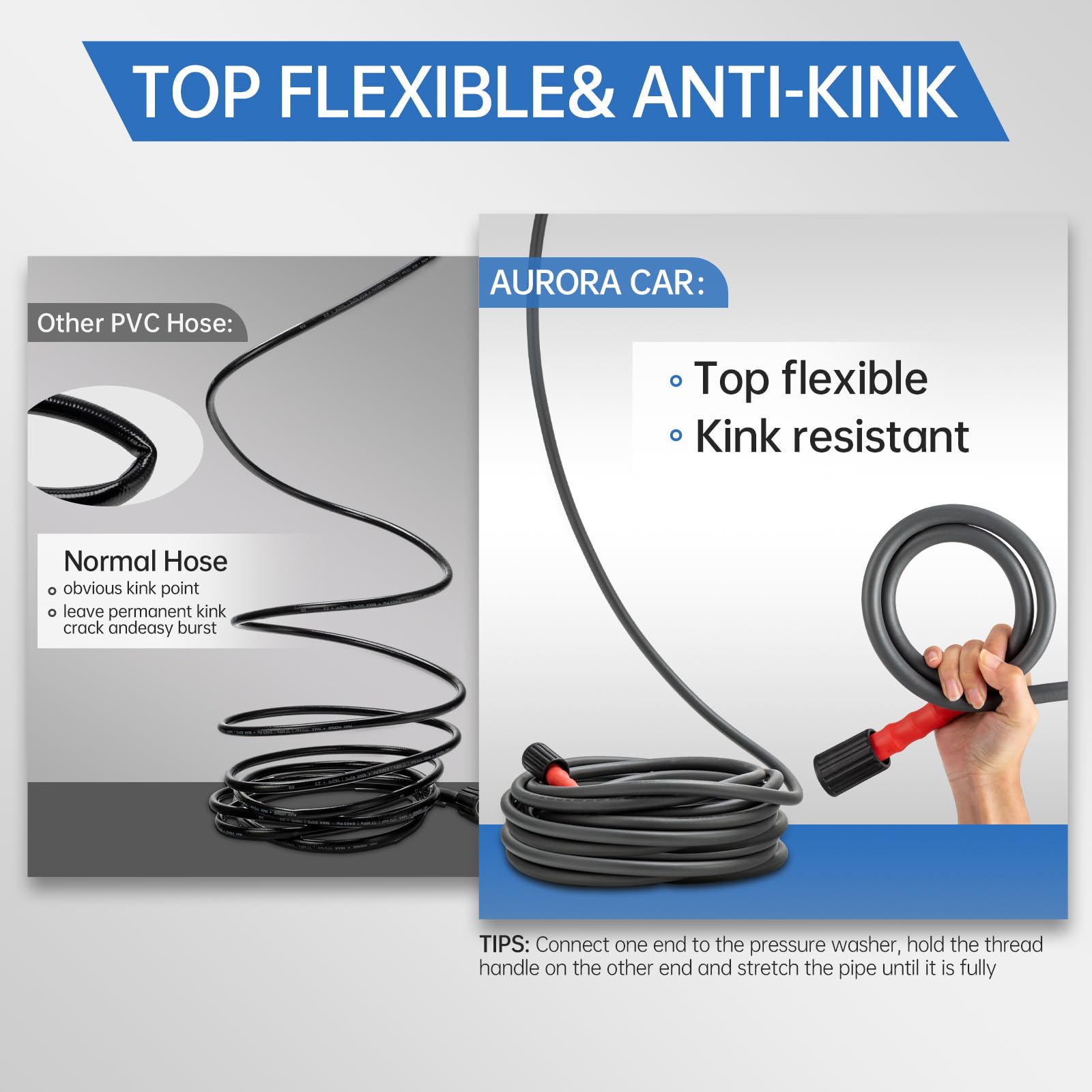 AURORA CAR full-length 100FT hose laid out showing flexibility and extended reach advantage