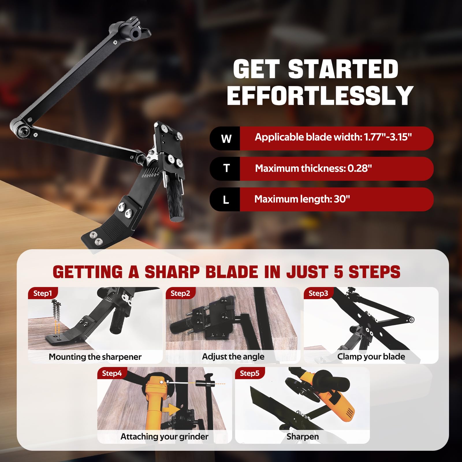 Aurorasters sharpener holding a mower blade in place for a precise edge benefit