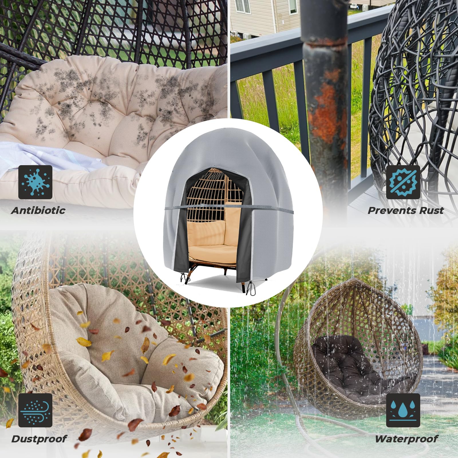 Aurragiy cover protecting hanging egg chairs during rainy weather