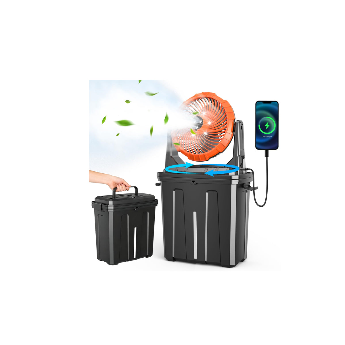 Ausic front view of 10-inch misting fan showing compact design and cooling benefit