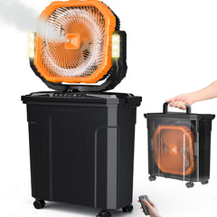 Ausic front view on patio showing fan and mist for cool outdoor comfort