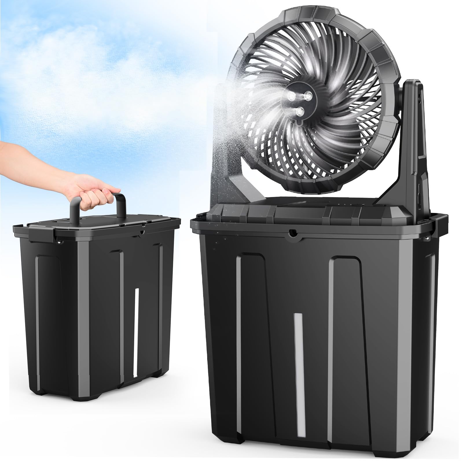 Ausic front view with bucket showing compact portability and cooling benefit