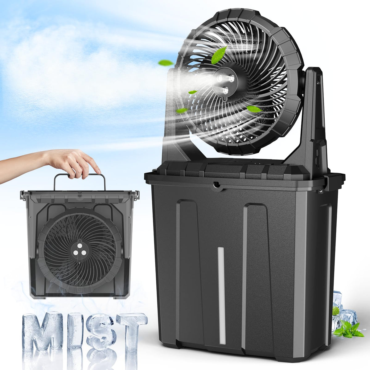 Ausic front view showing fan face and bucket, highlights quick setup and portability