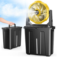Ausic front view showing misting fan and bucket, portable cooling solution