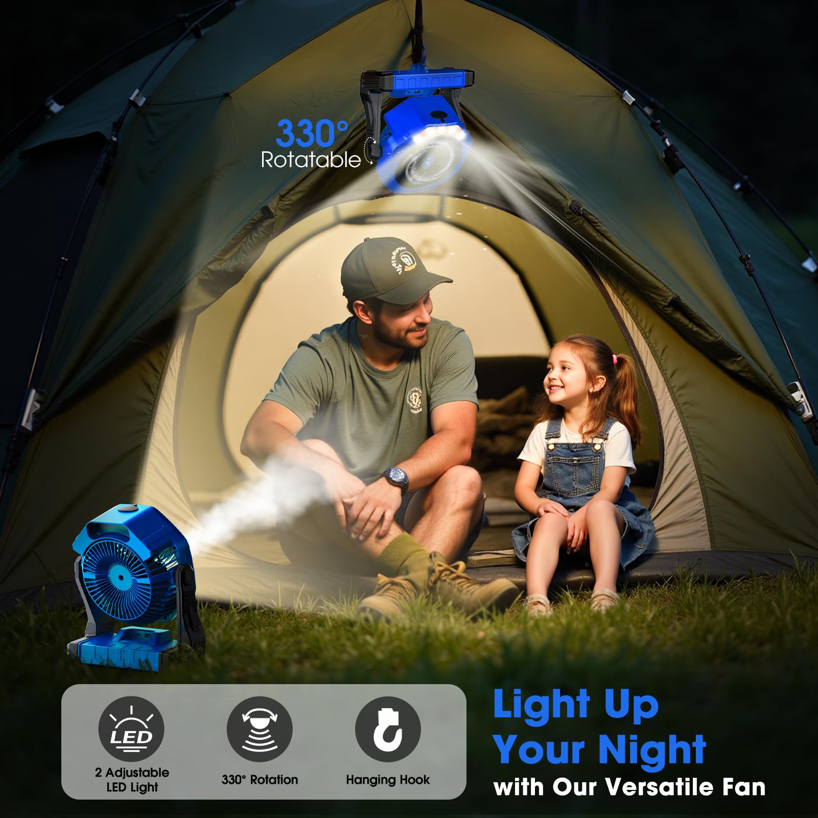 Ausic hooked on tent strap providing hands-free airflow while camping