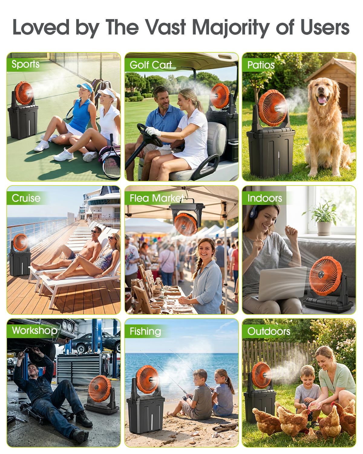Ausic on a patio at a family gathering keeping guests cooler and comfortable