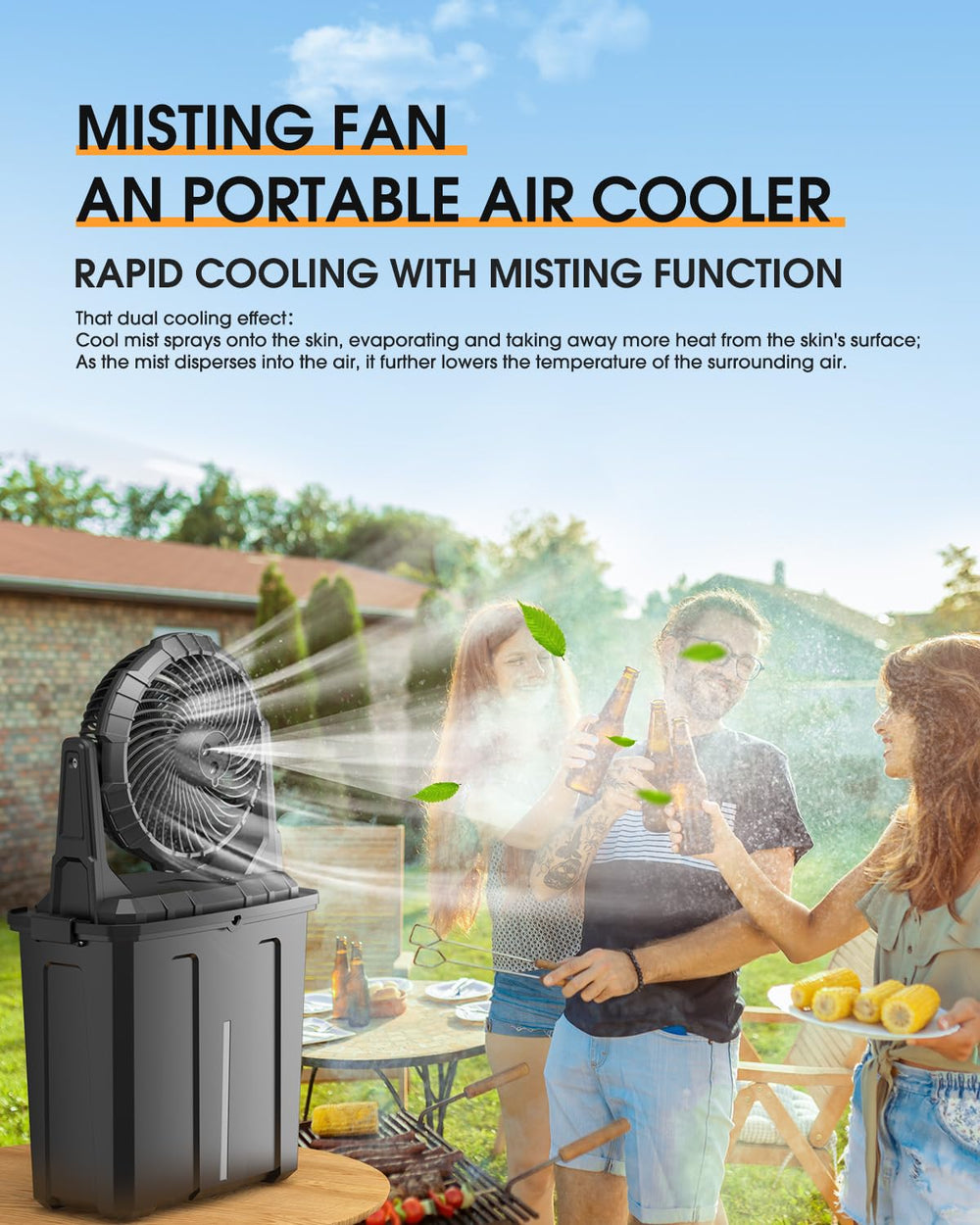 Ausic closeup of three mist nozzles delivering targeted evaporative cooling