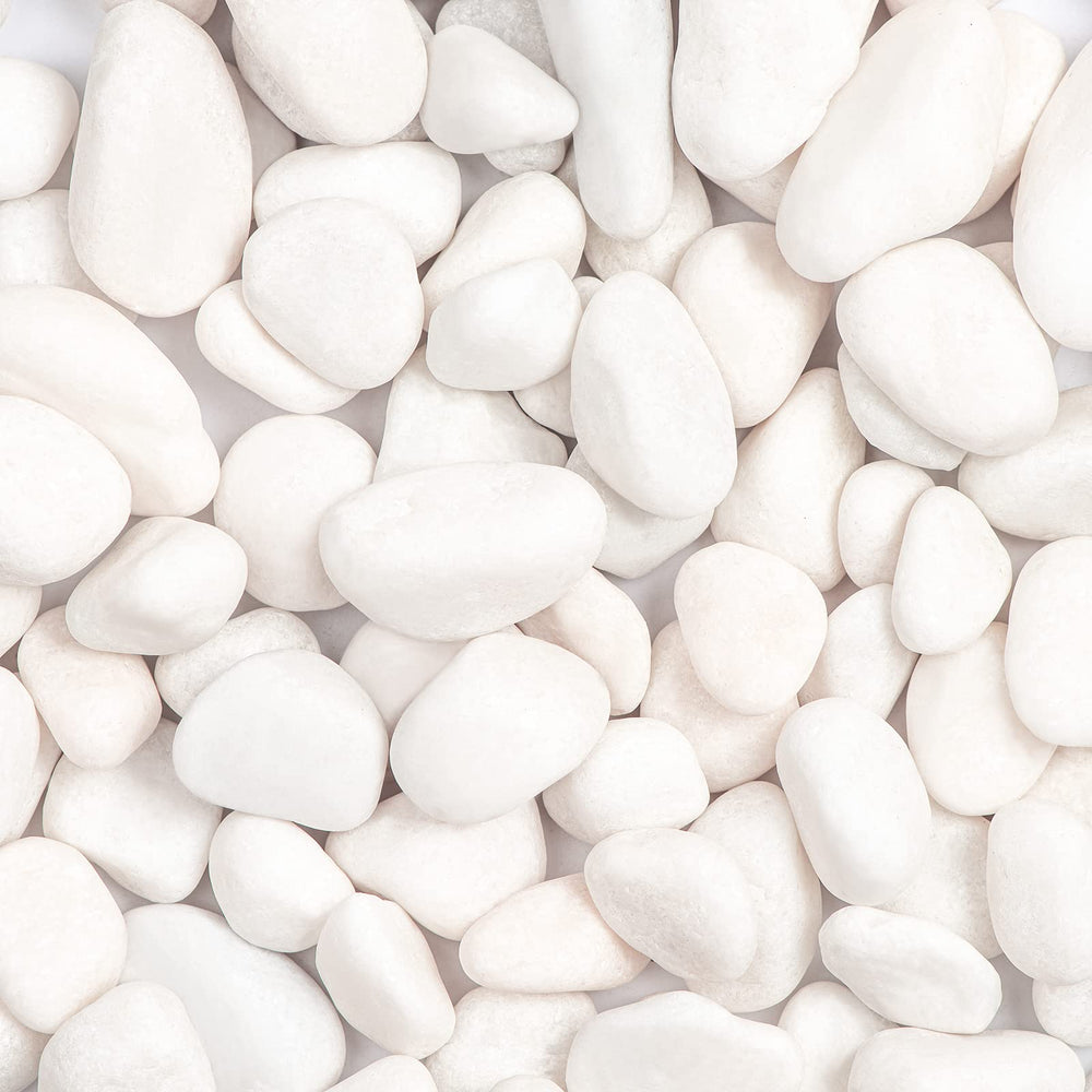 Ausluru front packaging showing 20lb white river rocks and benefits for decor