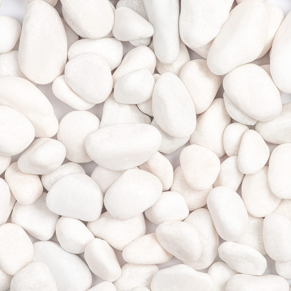 Ausluru front packaging showing 20lb white river rocks and benefits for decor